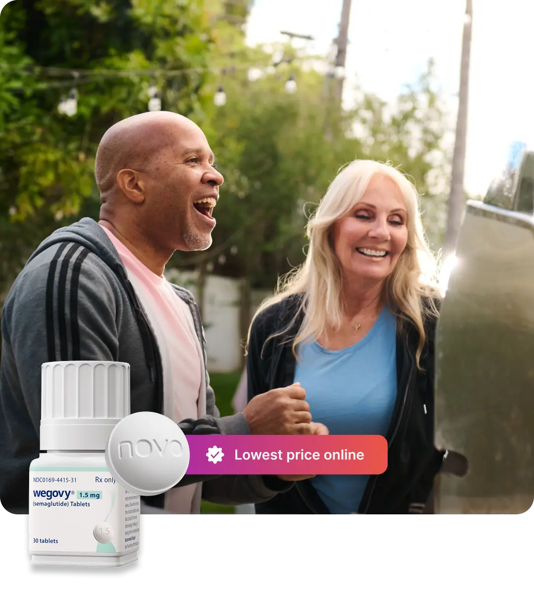 A couple viewing the FuturHealth app, with the Wegovy pill