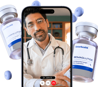 Doctor in a videocall surrounded by semaglutide meds